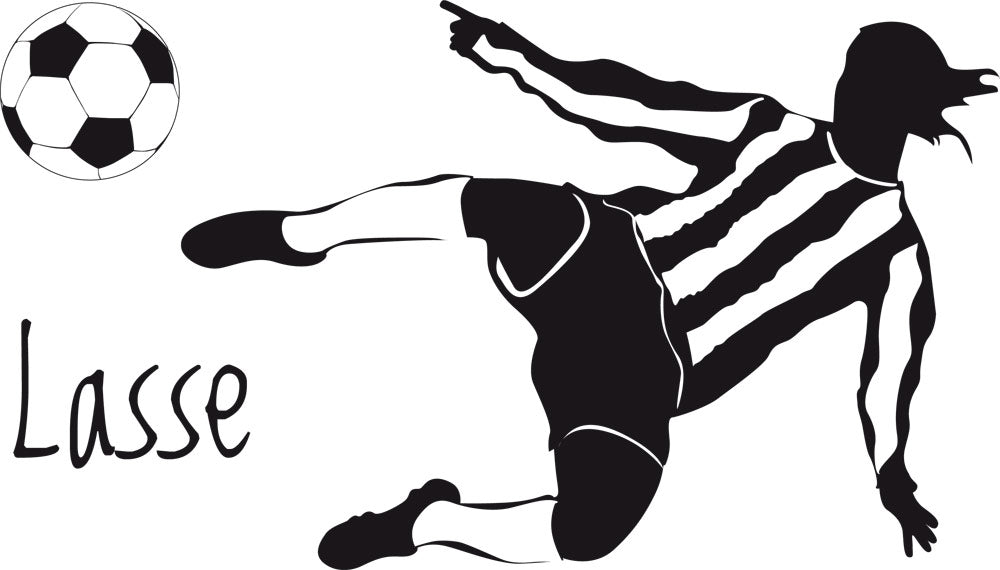 Schwarz-weißer Fußballspieler mit Ball, Name "Lasse".