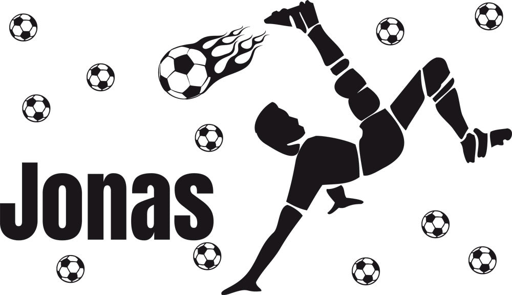 Schwarze Silhouette eines Fußballspielers mit brennendem Ball.