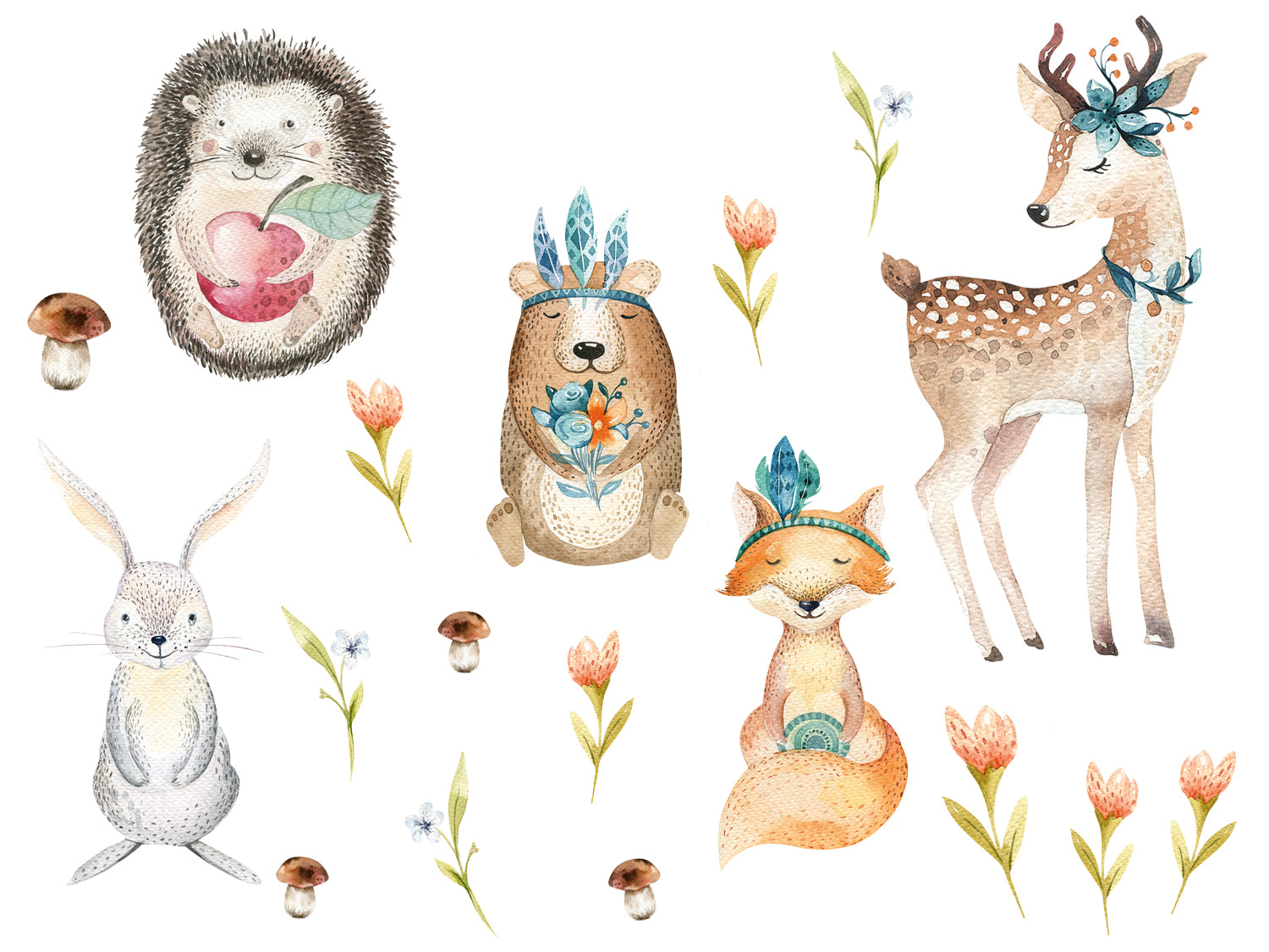 Waldtiere: Igel, Hase, Reh, Fuchs, Blumen, Pastellfarben.