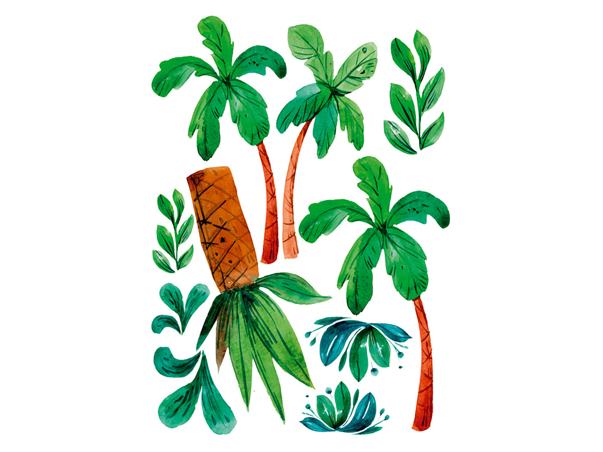 Grüne Palmen und Pflanzenillustrationen mit bunten Details.