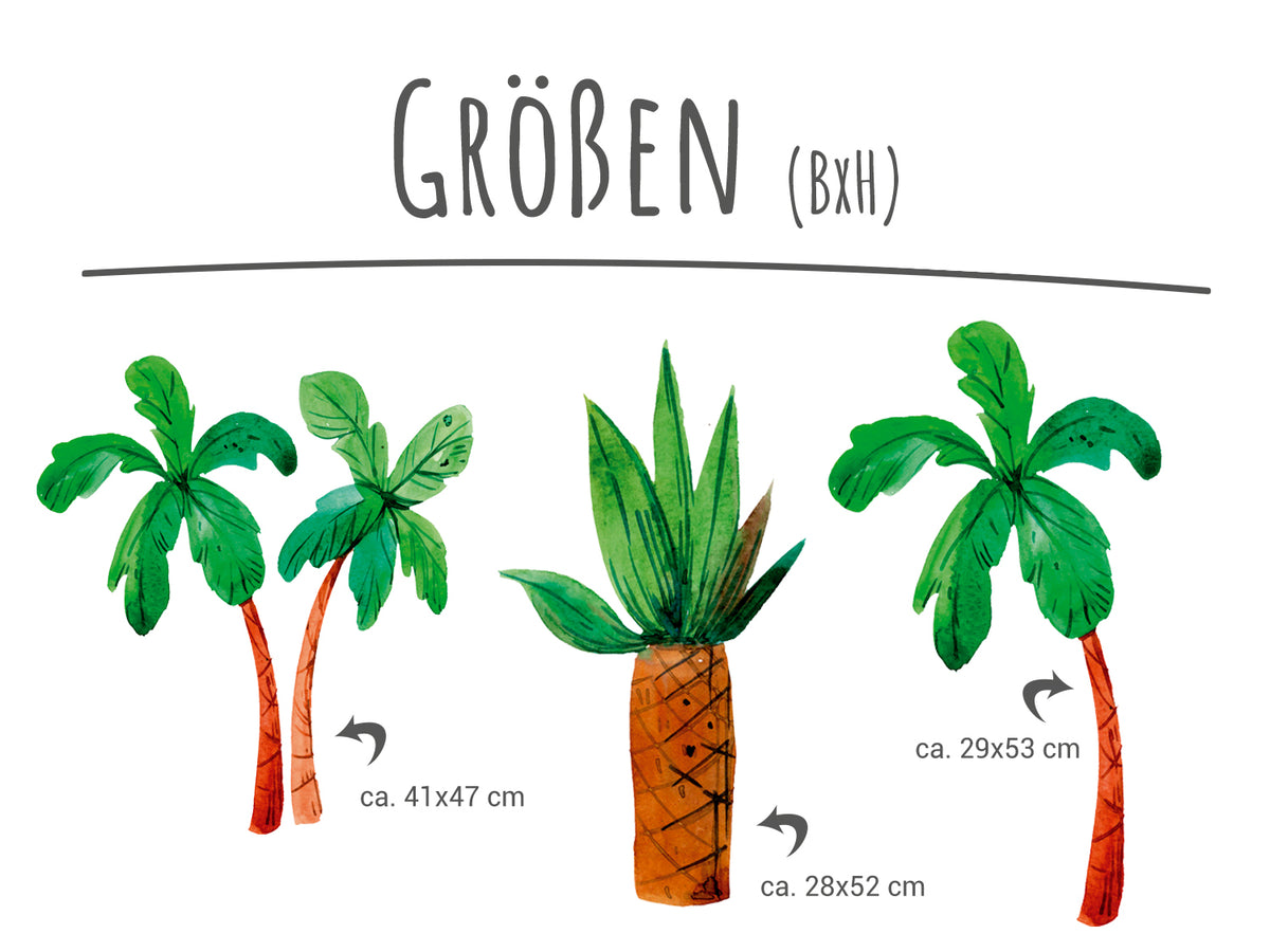 Drei grüne Palmen mit roten Stämmen, verschiedene Größen.