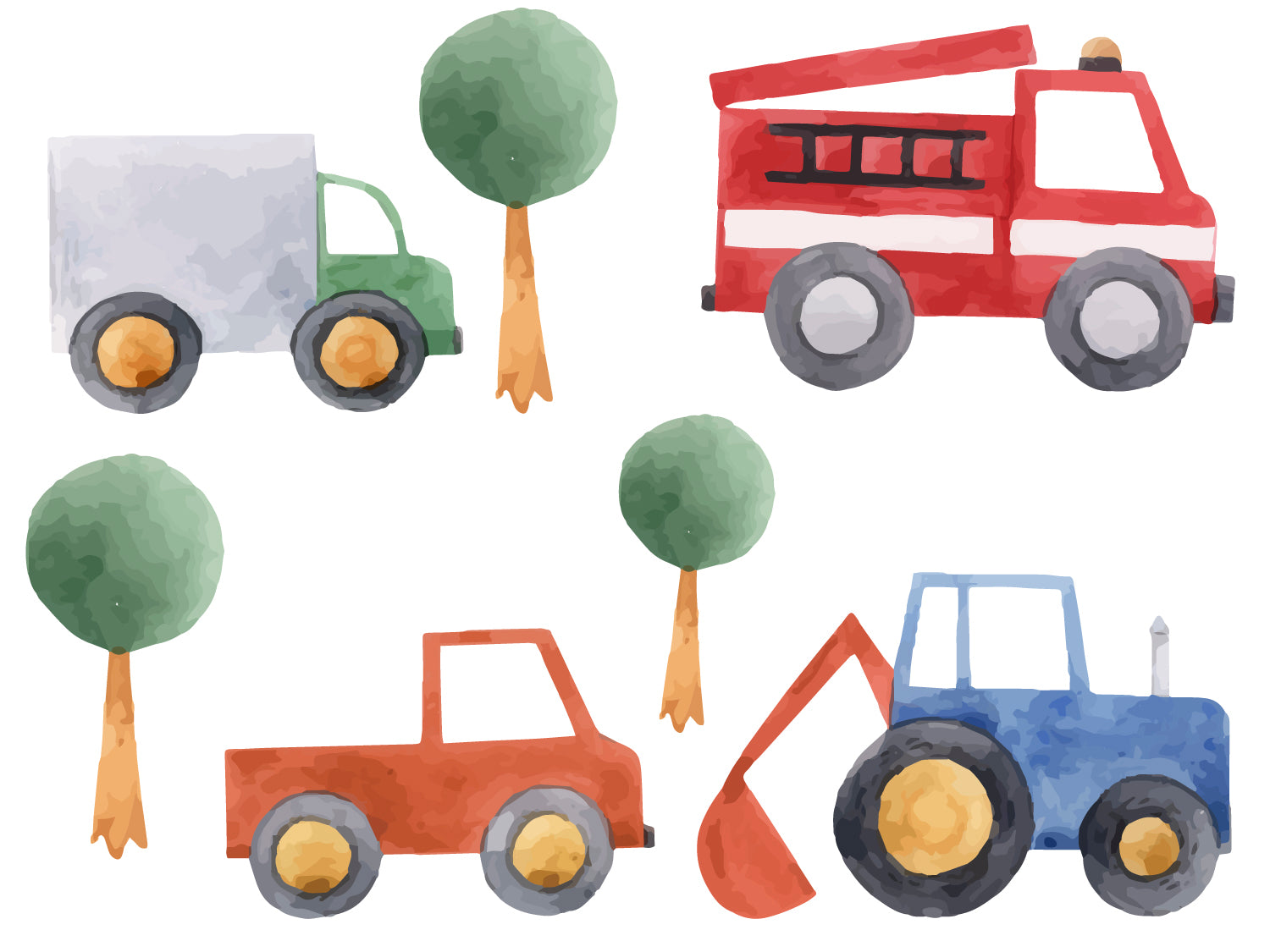 Bunte Fahrzeuge: rotes Feuerwehrauto, grüner Lkw, roter Pickup, blauer Traktor.