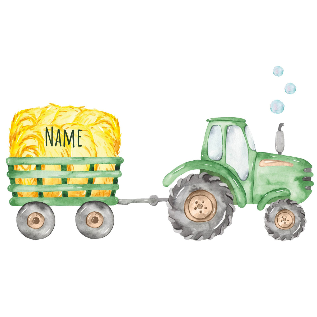Grüner Traktor mit gelbem Heuballen auf Anhänger.