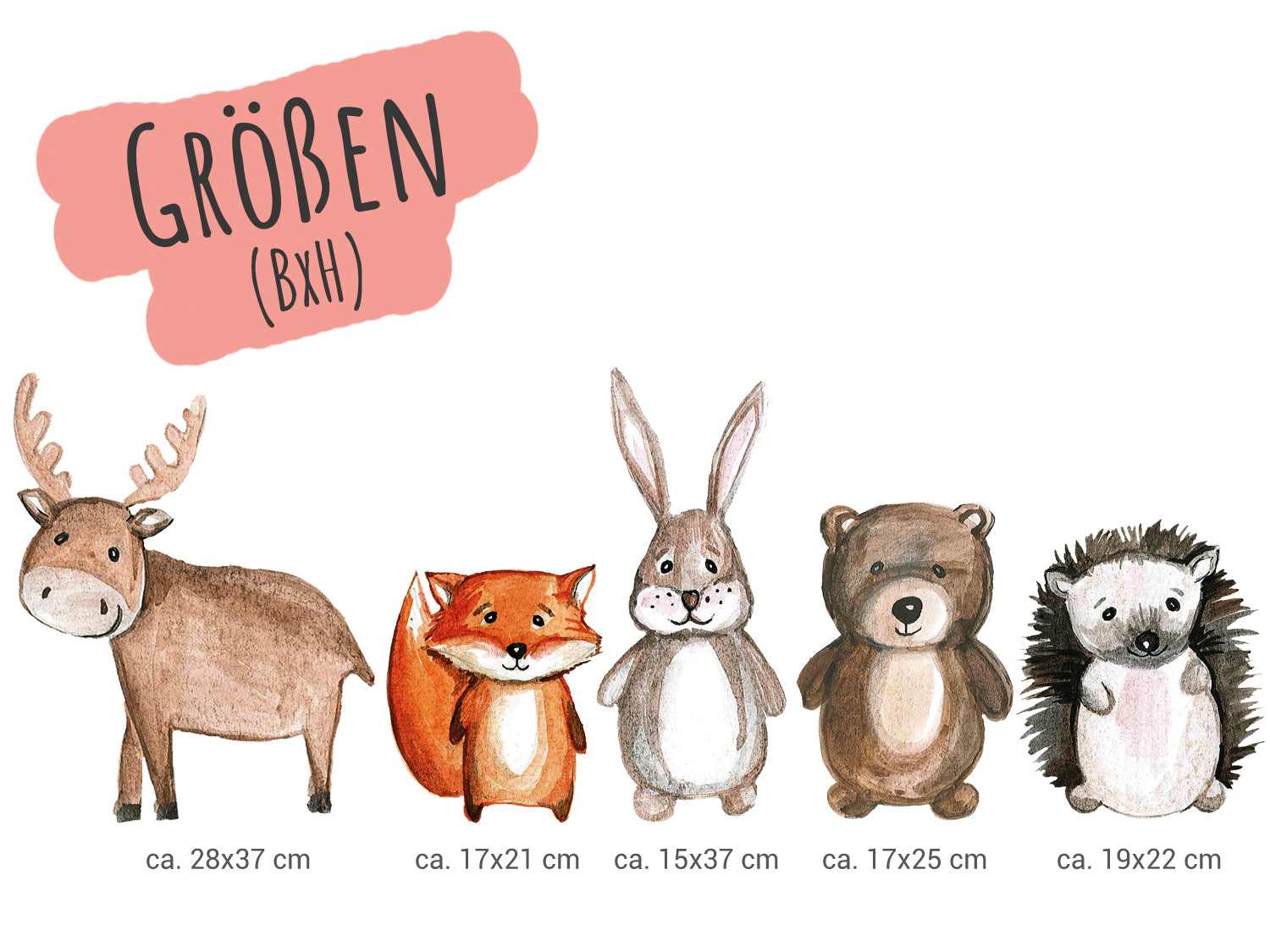 Fünf niedliche Tierillustrationen in verschiedenen Größen.