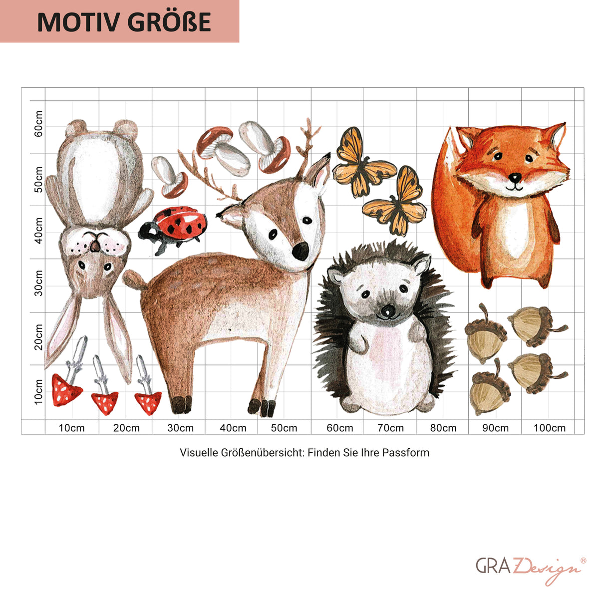 Bunte Tierillustrationen: Fuchs, Reh, Igel, Hase, Käfer.