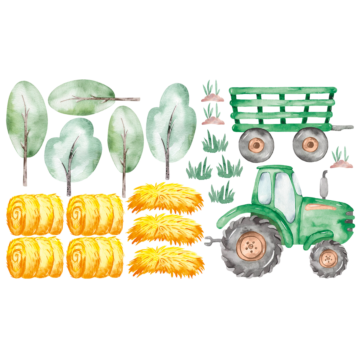 Grüner Traktor, gelbe Heuballen, grüne Bäume und Gras.