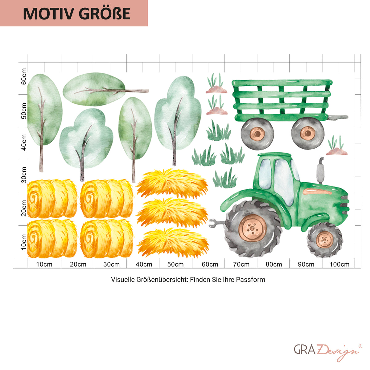 Grüner Traktor, gelbe Heuballen, Bäume und Gras.