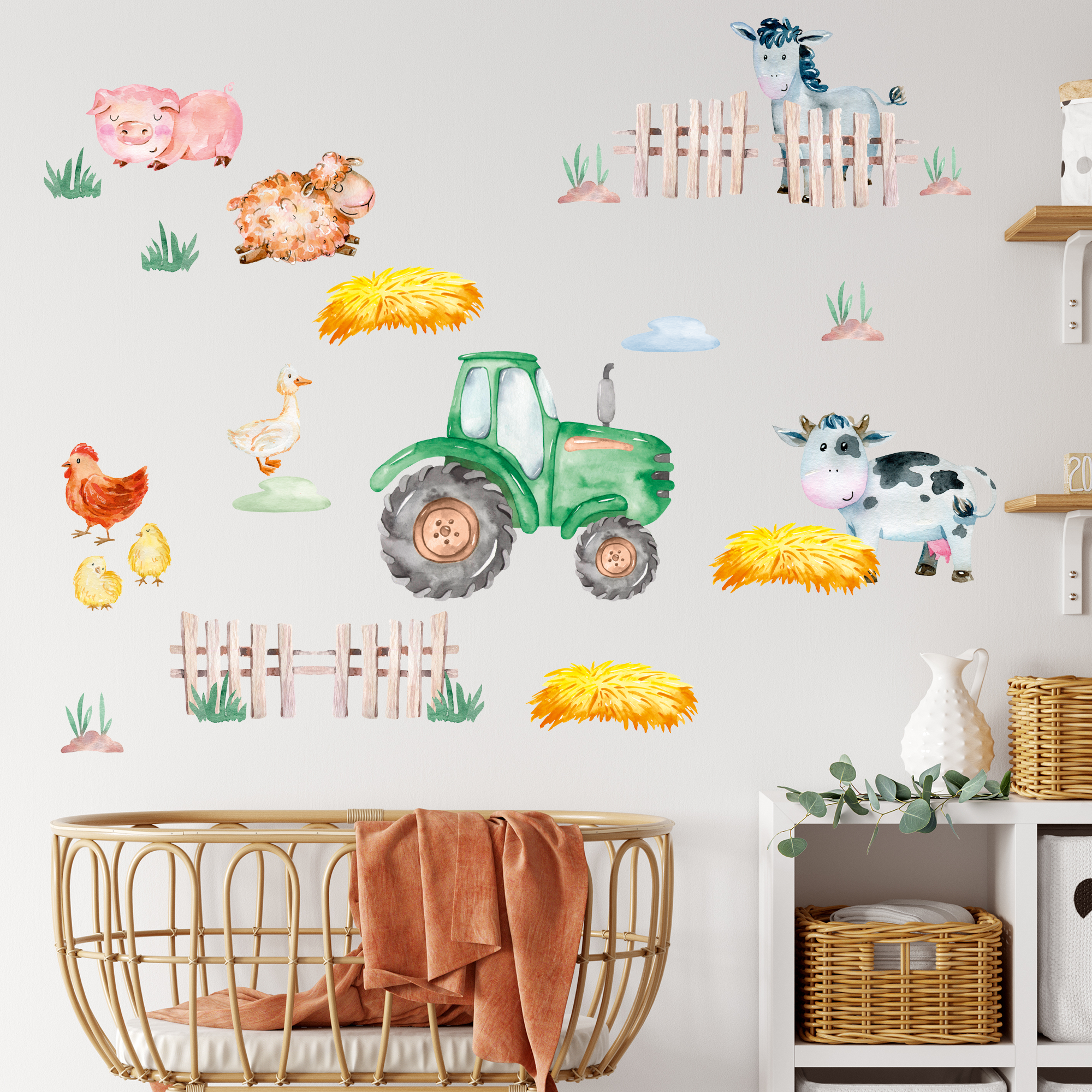 Grüner Traktor, Tiere, Heuballen, ländliches Kinderzimmerdesign.