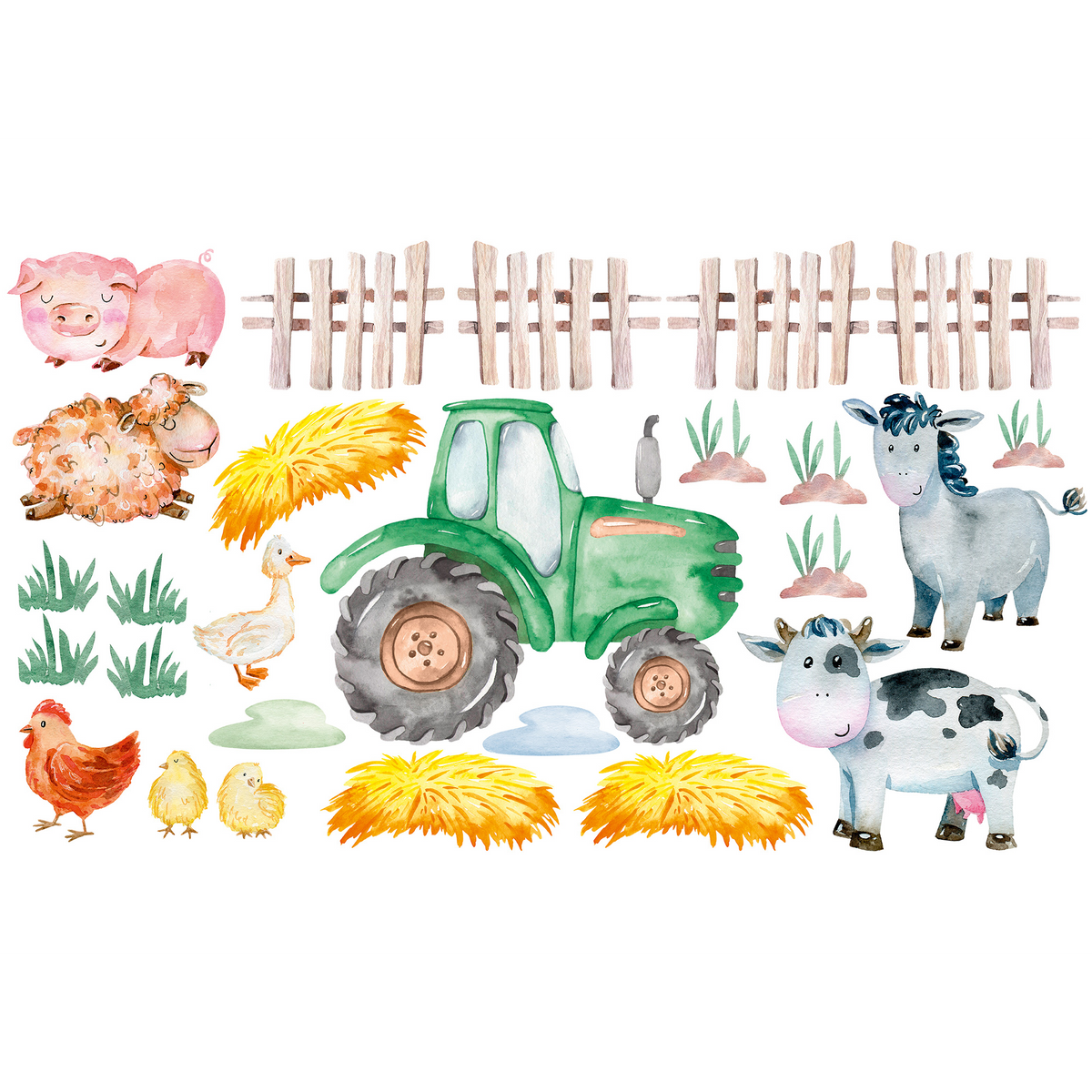 Bunter Bauernhof mit grünem Traktor, Tieren und Heuballen.