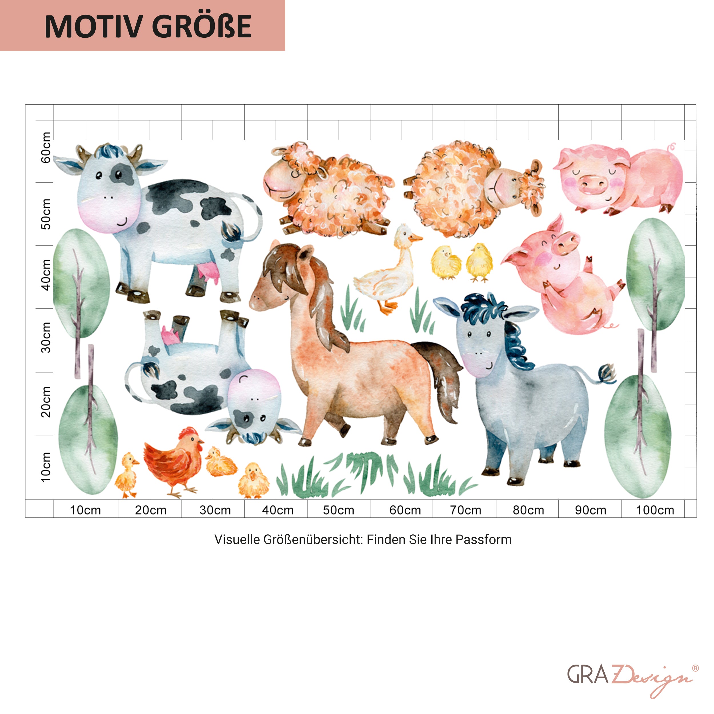 Bunte Tierillustrationen: Kühe, Schafe, Pferde und Schweine.