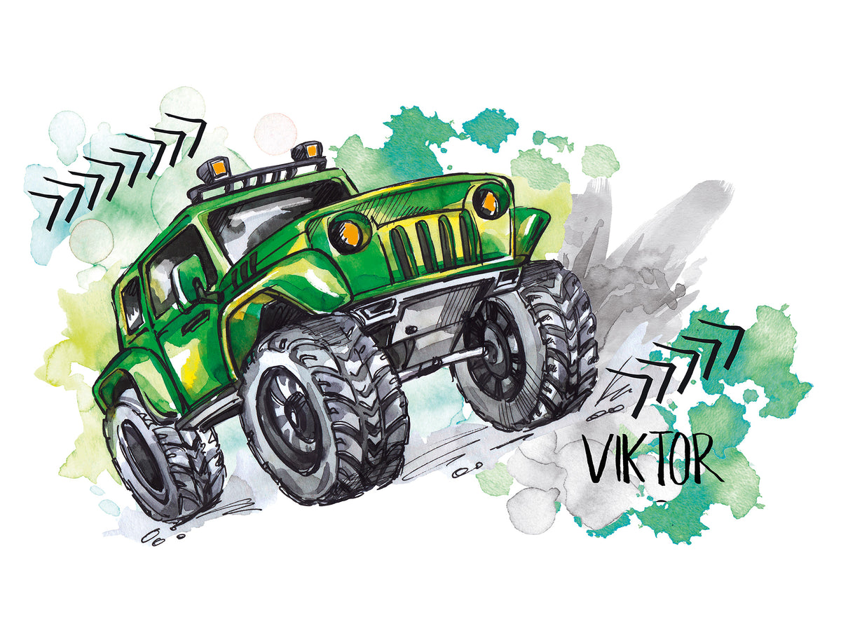 Grüner Offroad-Jeeps mit großen Reifen und Wasserfarben-Hintergrund.