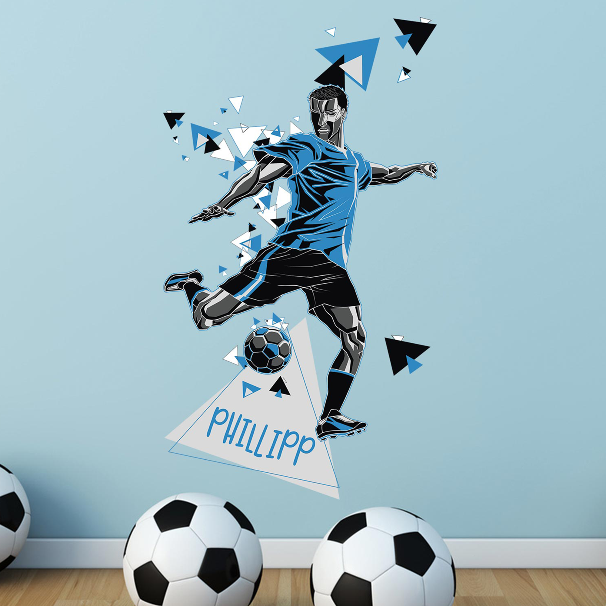 Fußballspieler in Blau mit geometrischen Mustern und Ball.