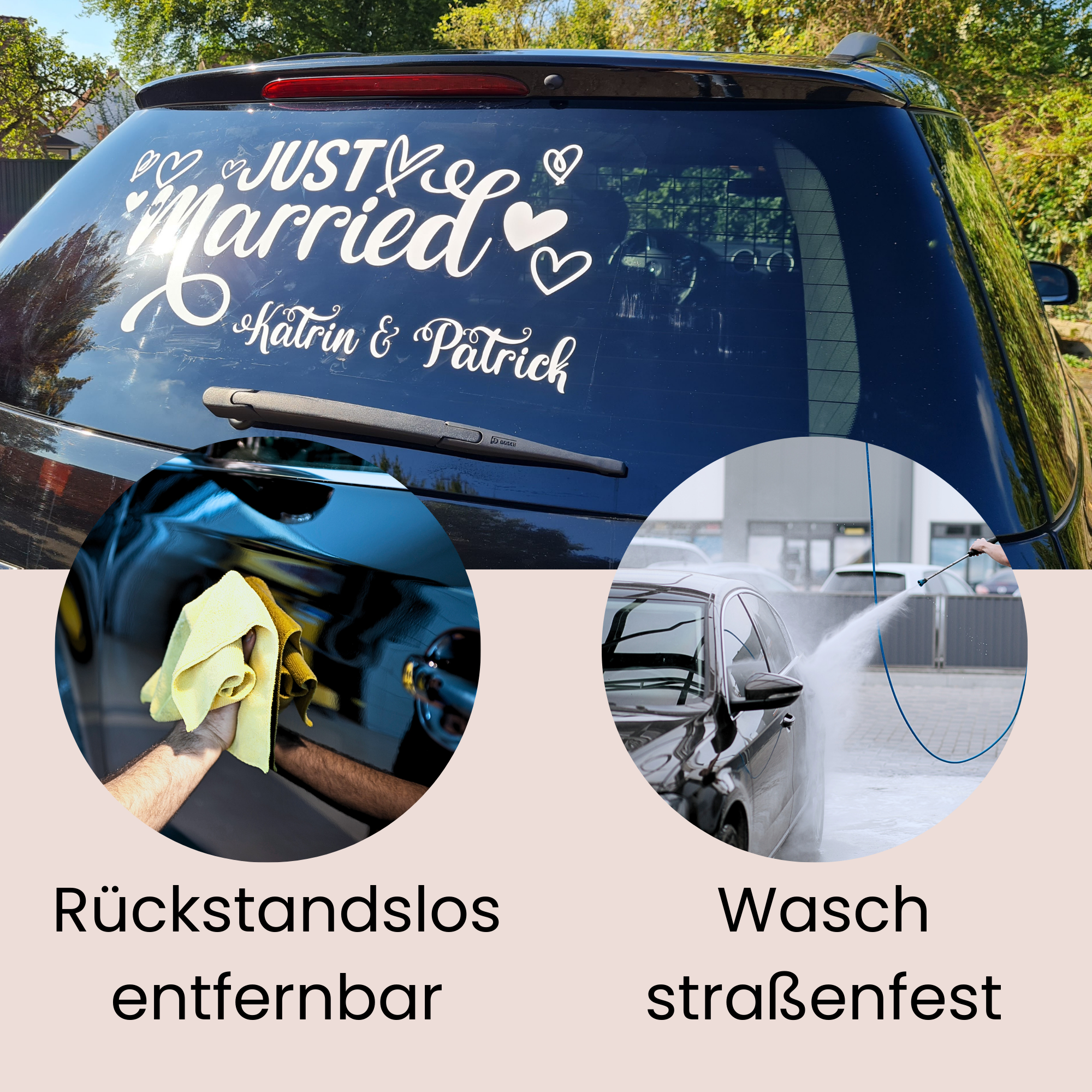 Hochzeitsaufkleber „Just Married“ in Weiß, rückstandslos entfernbar.
