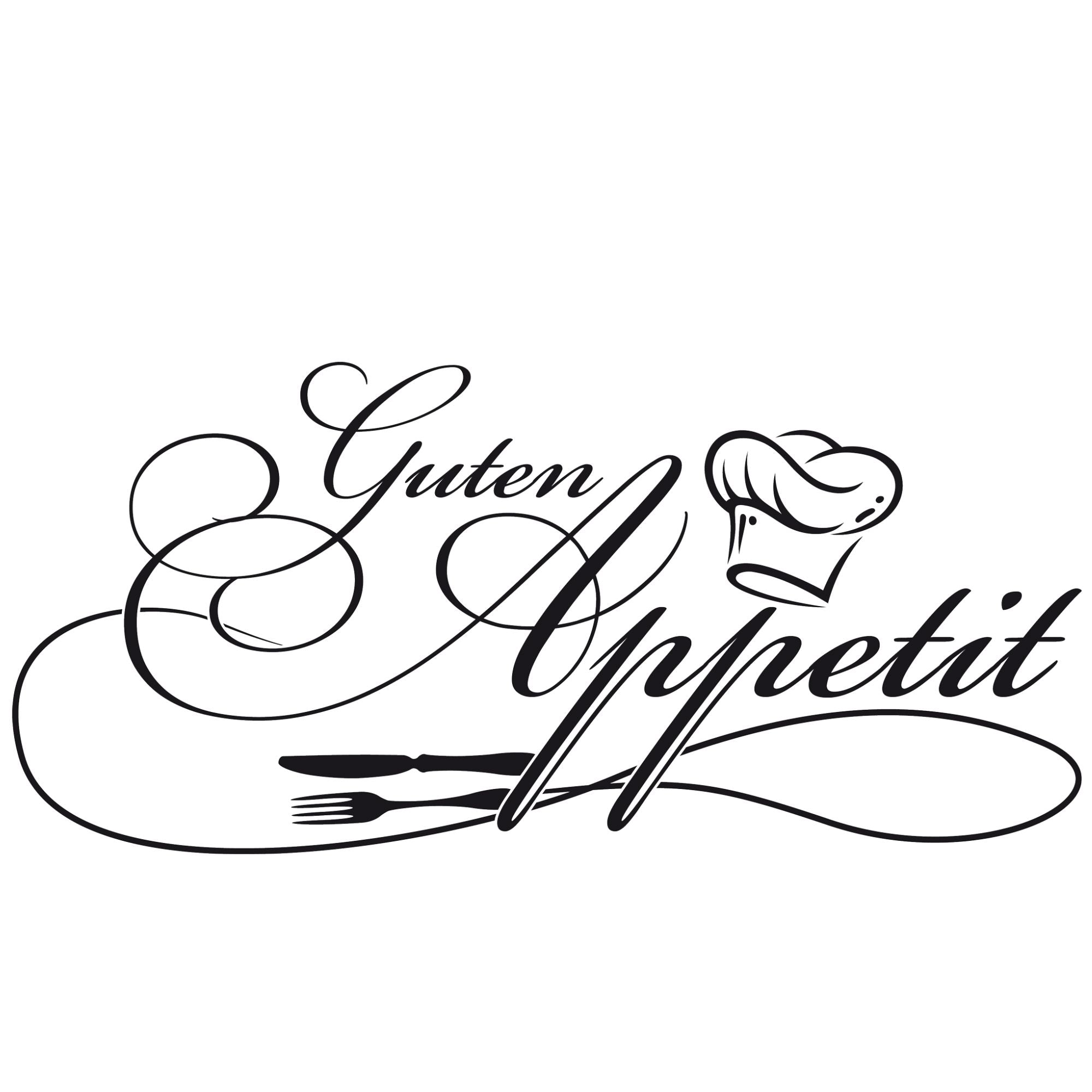 Schwarzer Schriftzug "Guten Appetit" mit Kochmütze und Besteck.