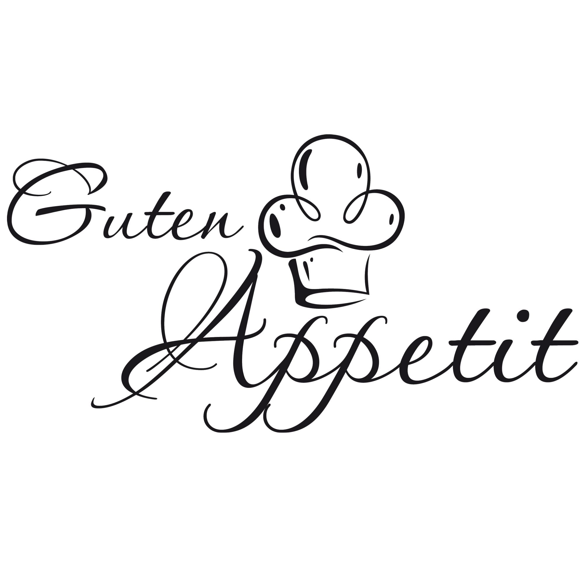 Guten Appetit Schriftzug mit Kochmütze in Schwarz.