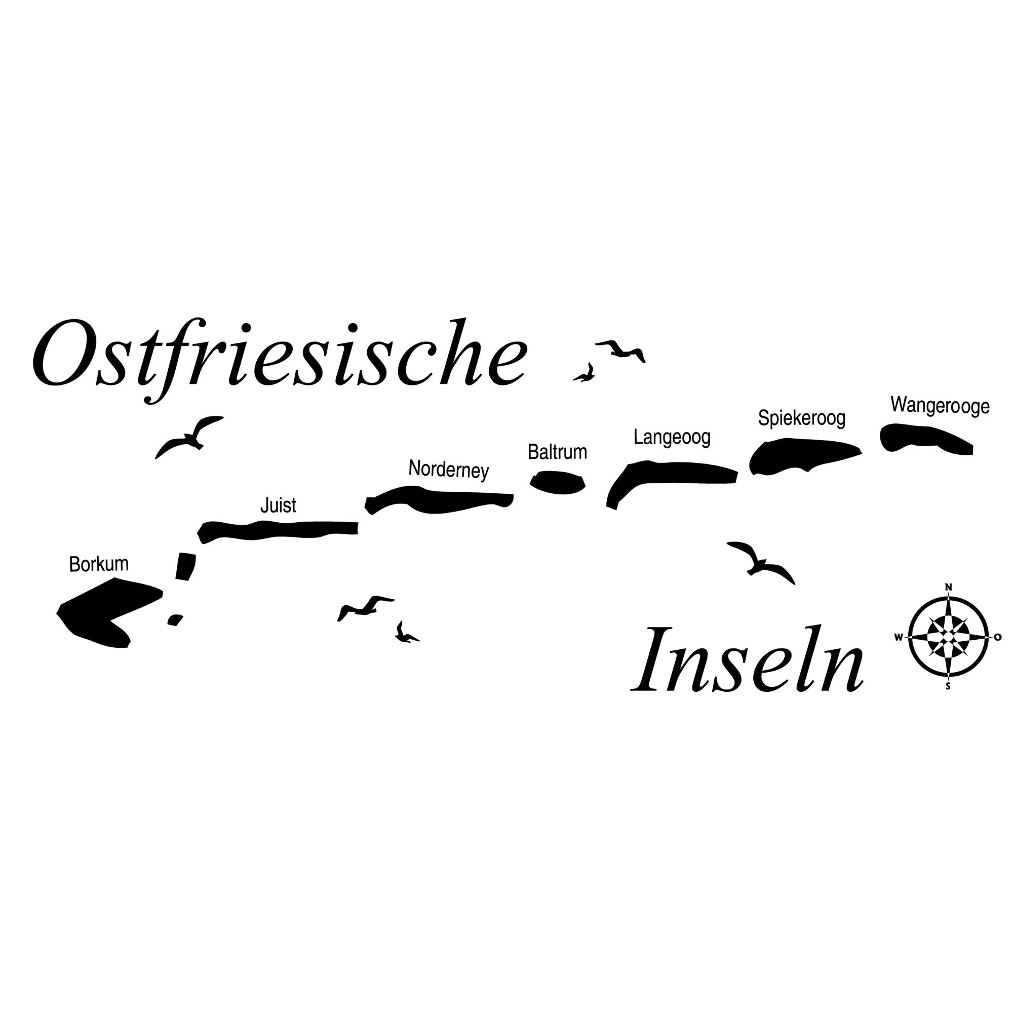 Ostfriesische Inseln, schwarze Silhouetten, Schriftzug, Kompass.