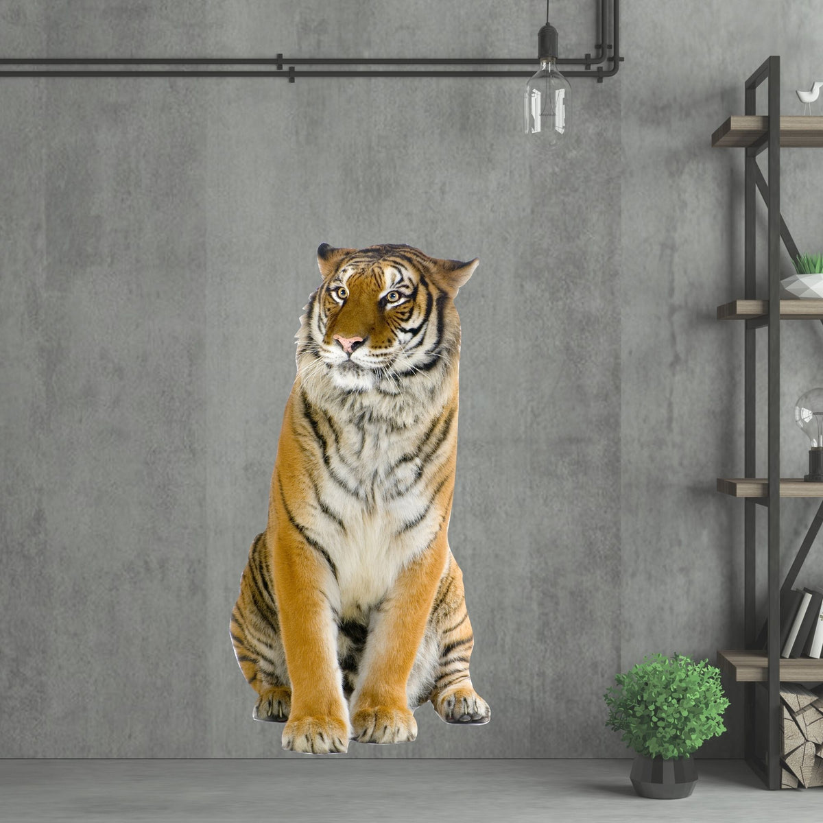 Sitzender Tiger in lebendigen Farben vor grauer Wand.