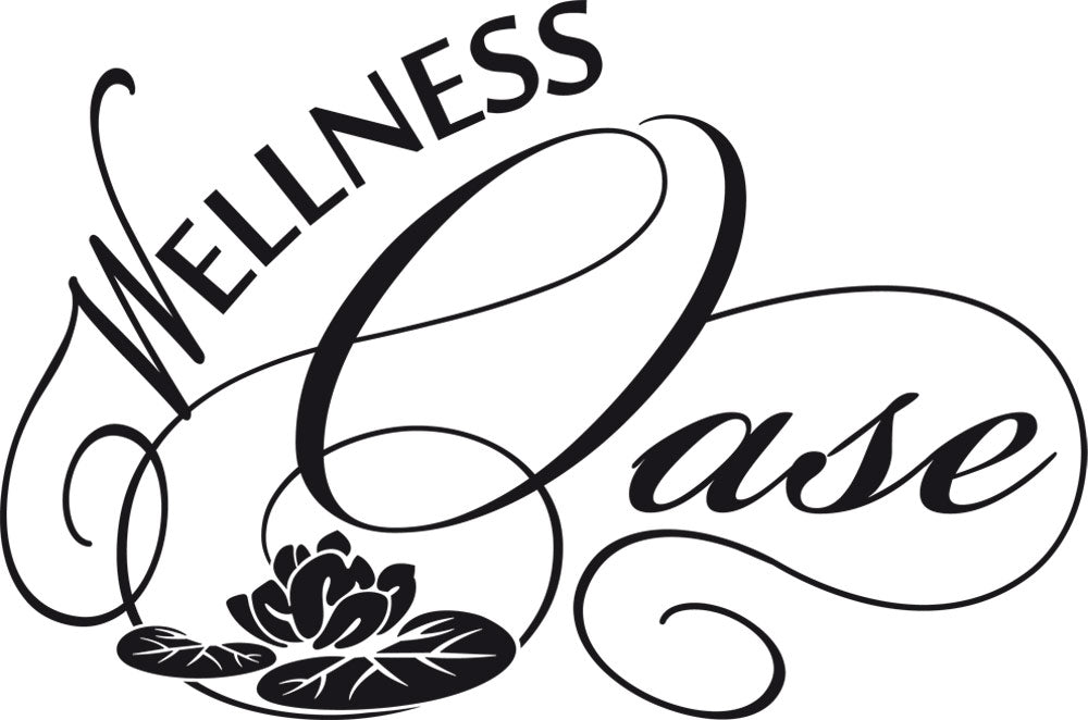 Wellness Oase, elegante schwarze Schrift mit Lotusblume.