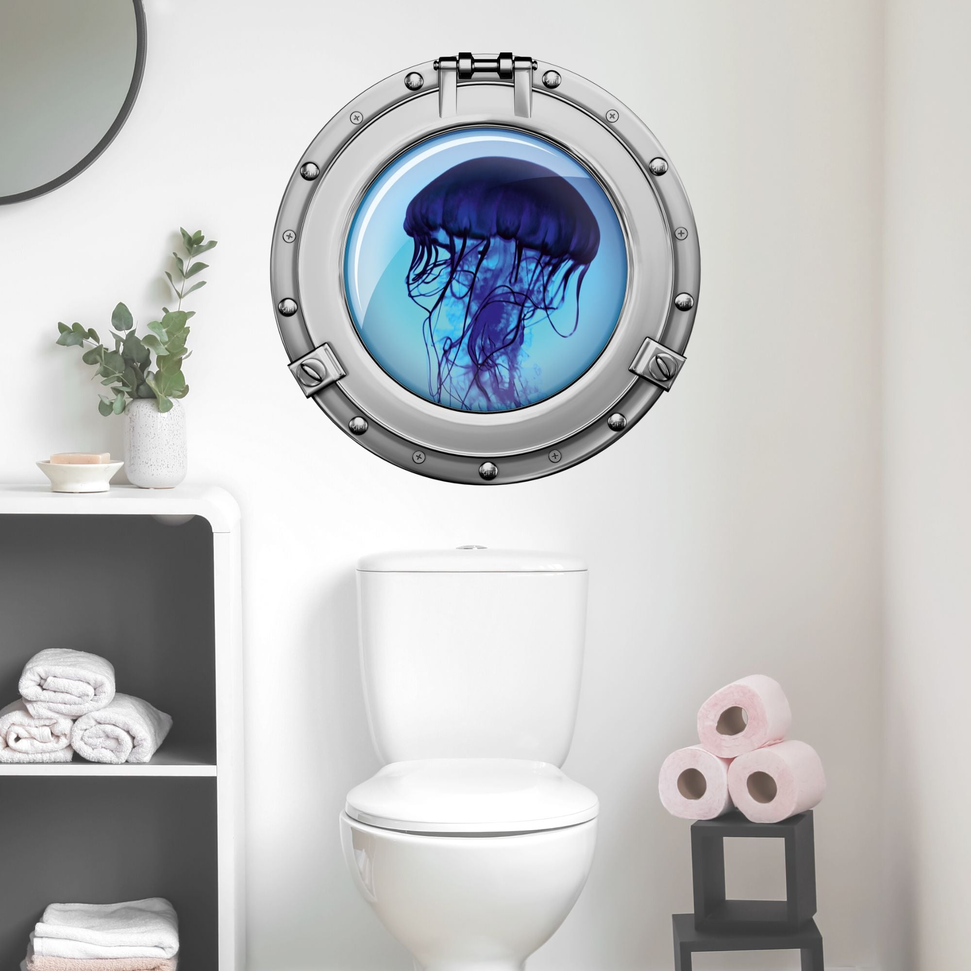 Jellyfish in blauer Farbe, umgeben von einem runden Fenster.
