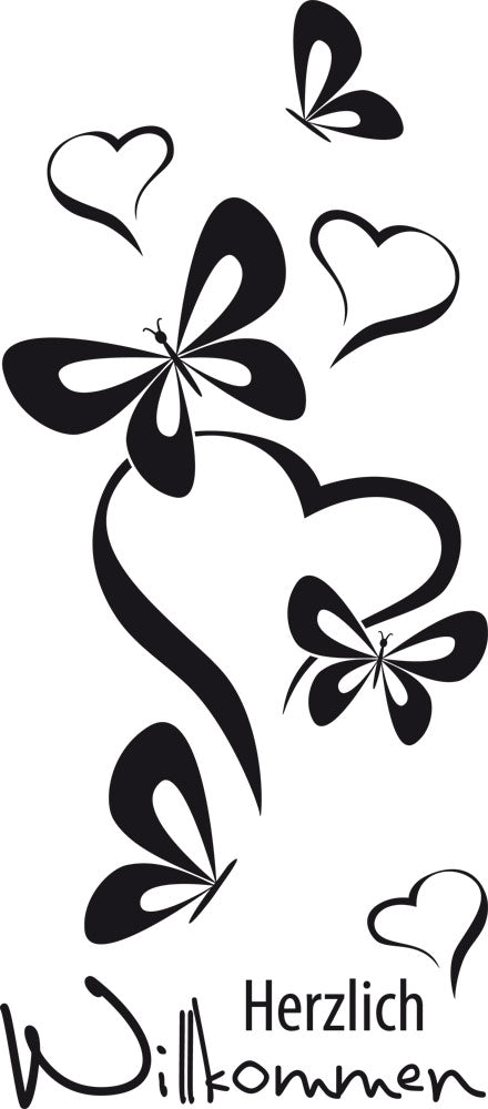 Schwarze Schmetterlinge und Herzen mit "Herzlich Willkommen" Schriftzug.