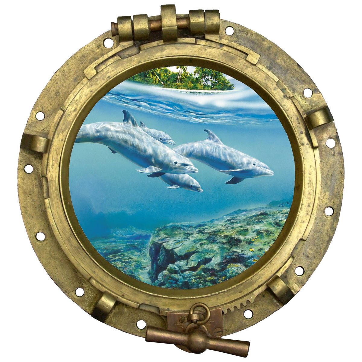 Delfine schwimmen durch ein Bullauge, blaues Wasser und Korallen.