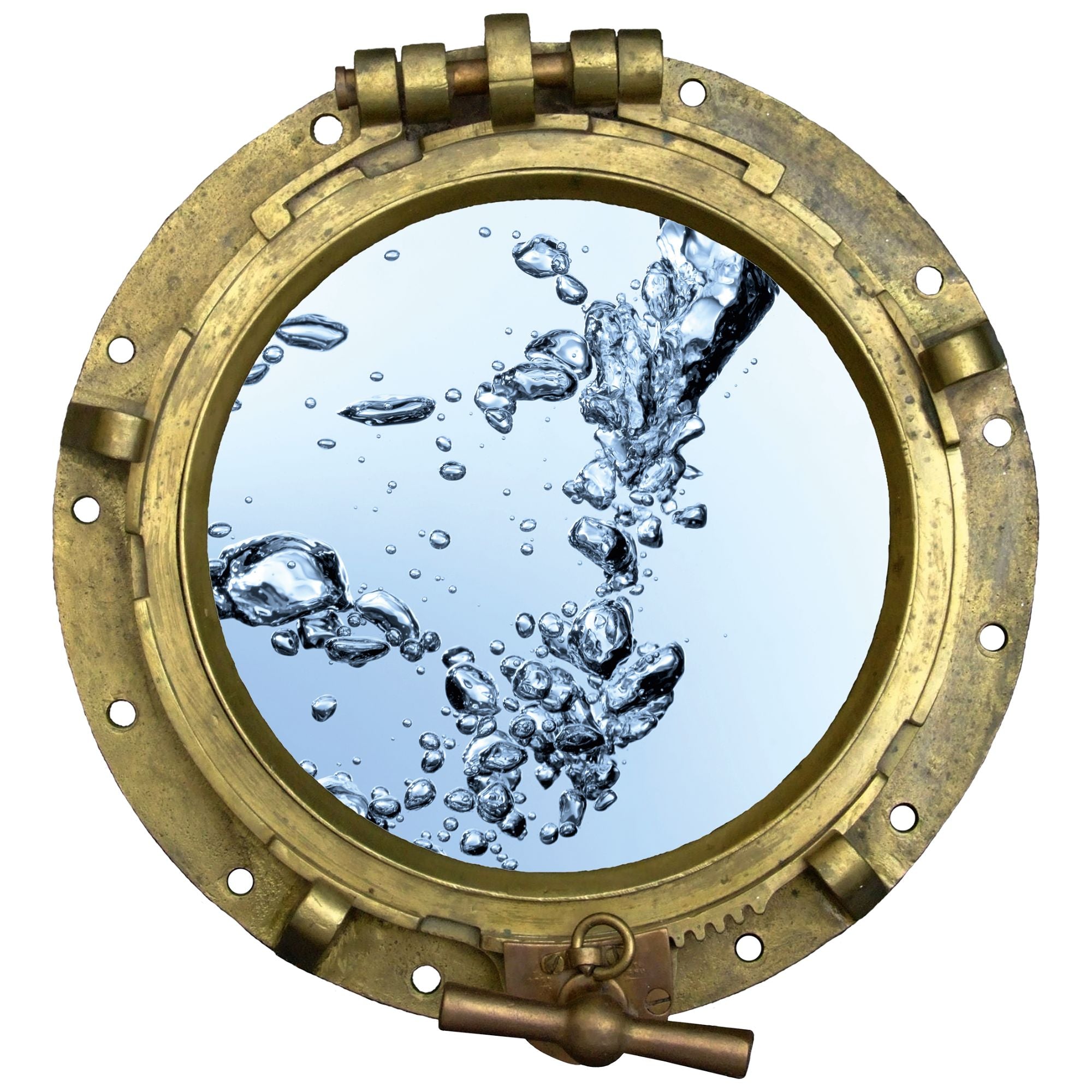 Rundes Bullauge aus Messing mit Wasserblasen im Inneren.