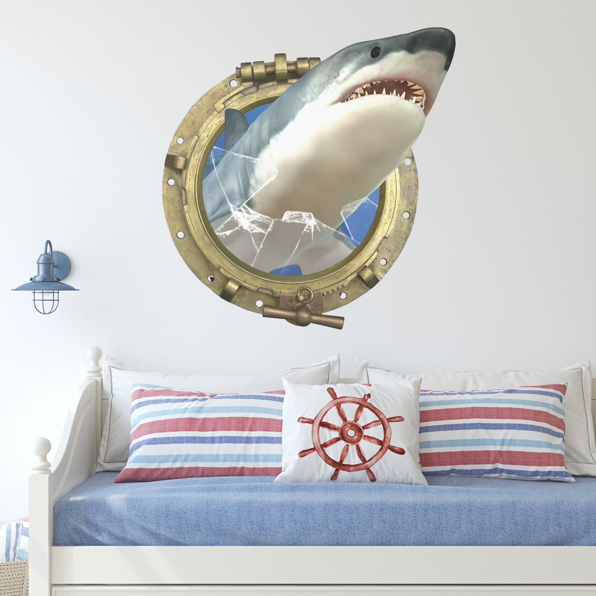 Weißer Hai durch Bullauge, maritimes Kinderzimmer-Design.