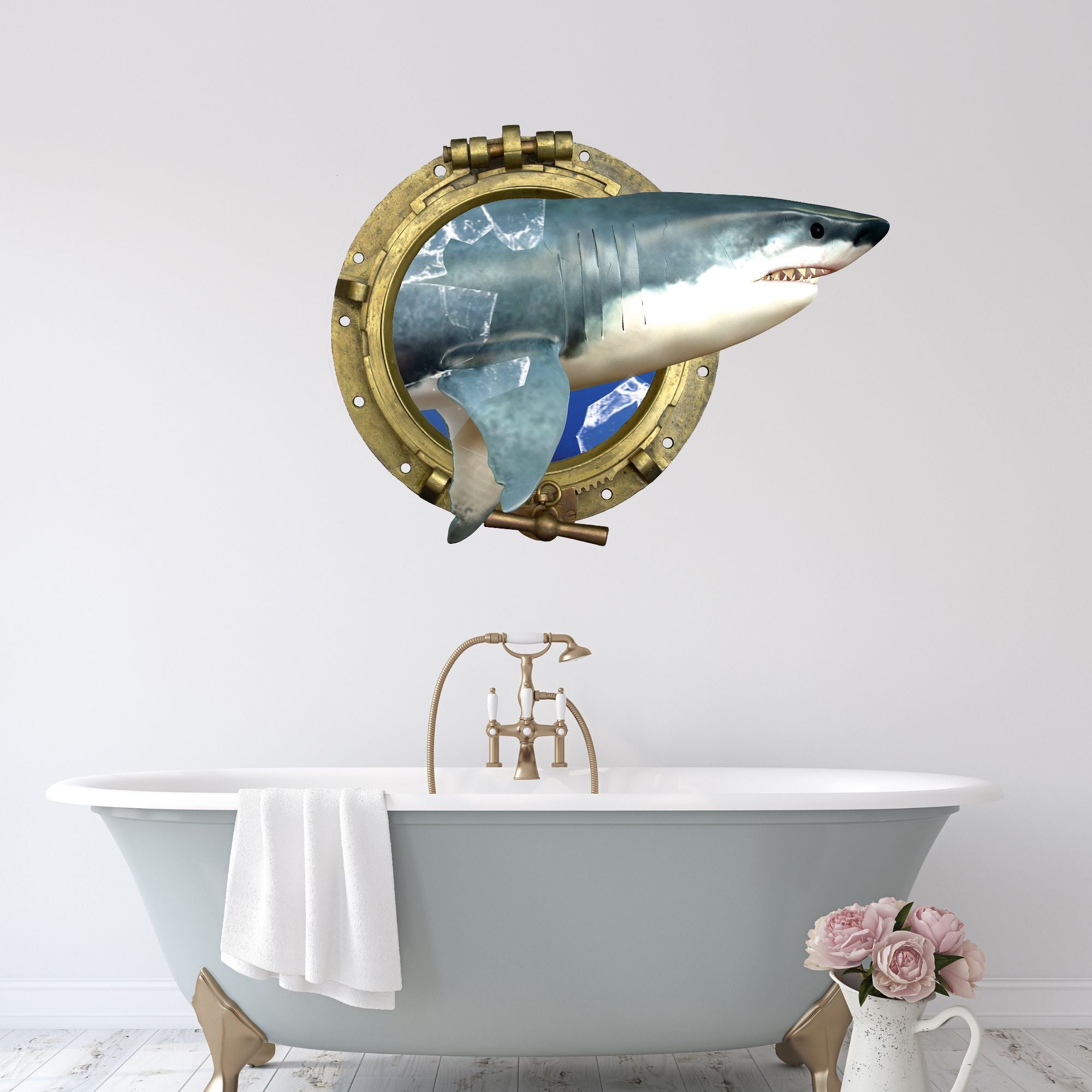 Hai aus Bullauge über einer Badewanne, blaue und goldene Farben.