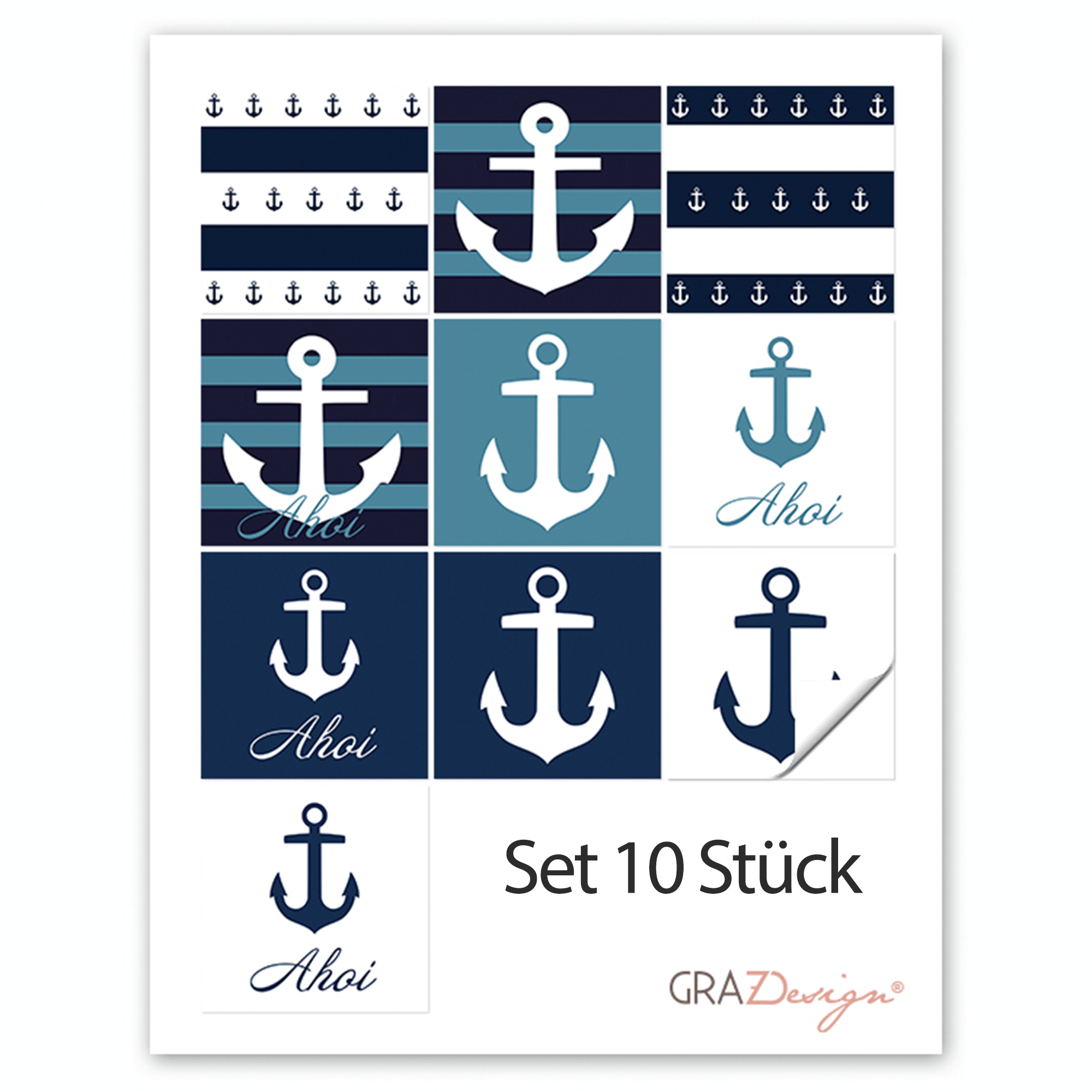Maritime Aufkleber-Set in Blau und Weiß, 10 Stück.
