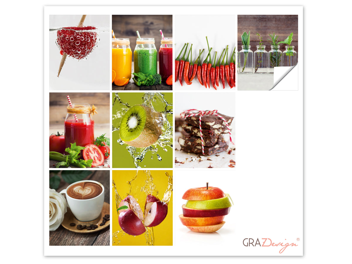 Fruchtige Smoothies, frische Kräuter, bunte Äpfel und Desserts.