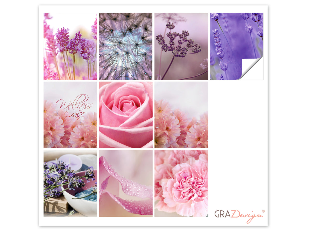 Violette und rosa Blumenarrangements mit Wellness-Motiv.