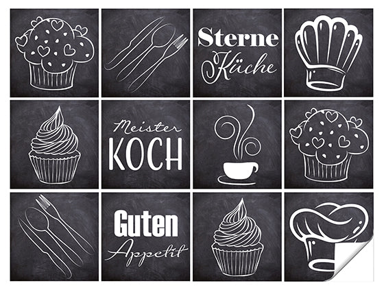 Küchenmotive auf Tafelhintergrund, inklusive Cupcakes und Besteck.