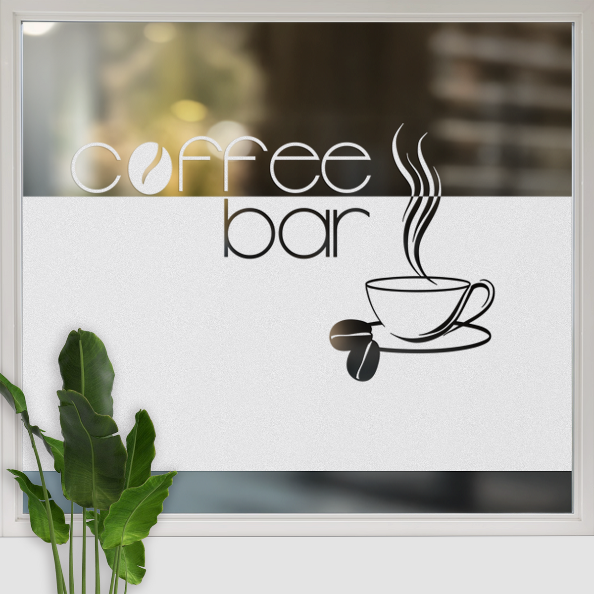 Kaffeebar-Schild mit schwarzer Schrift und Tasse.