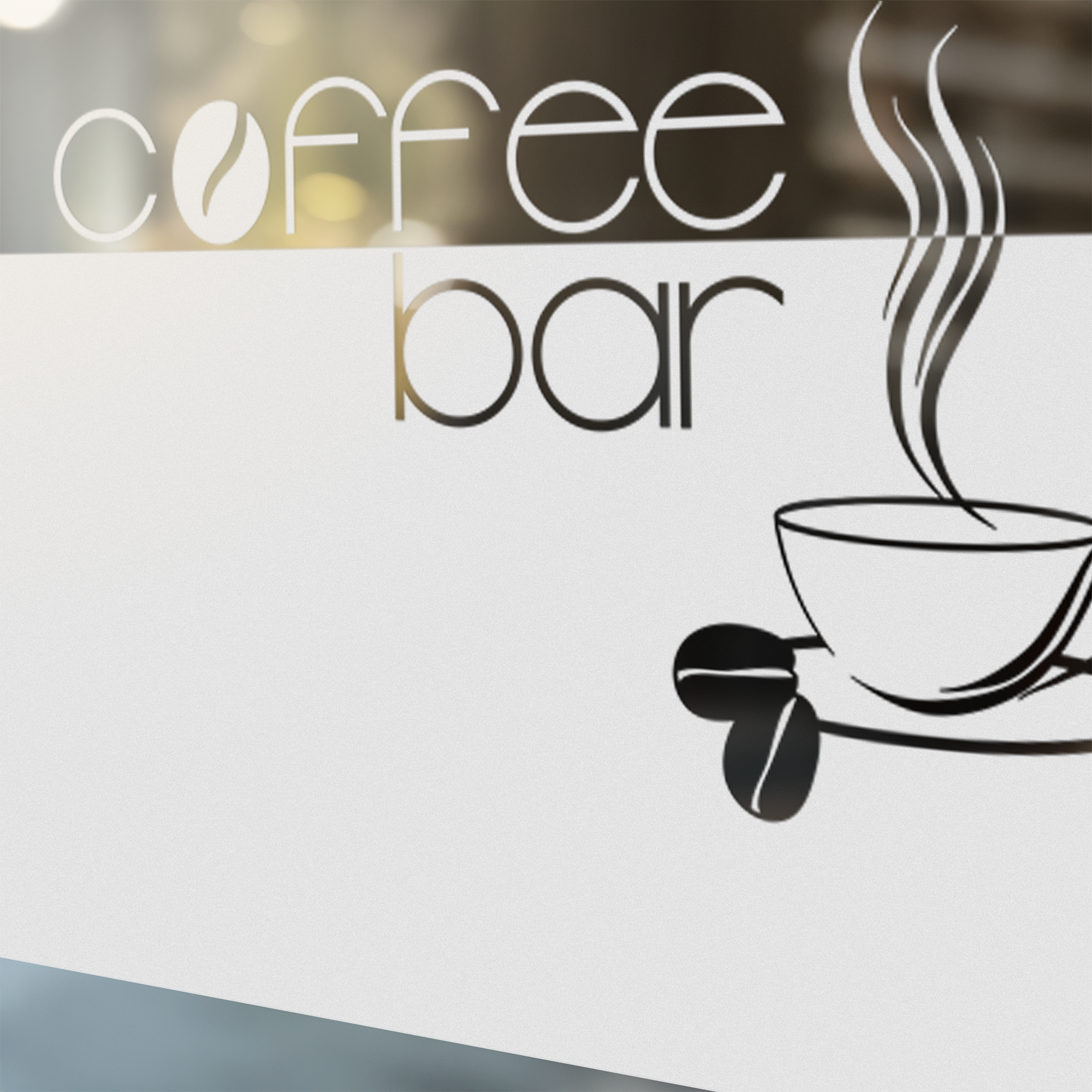 Kaffeetasse mit Dampf und Kaffeebohnen, schwarz-weiß.