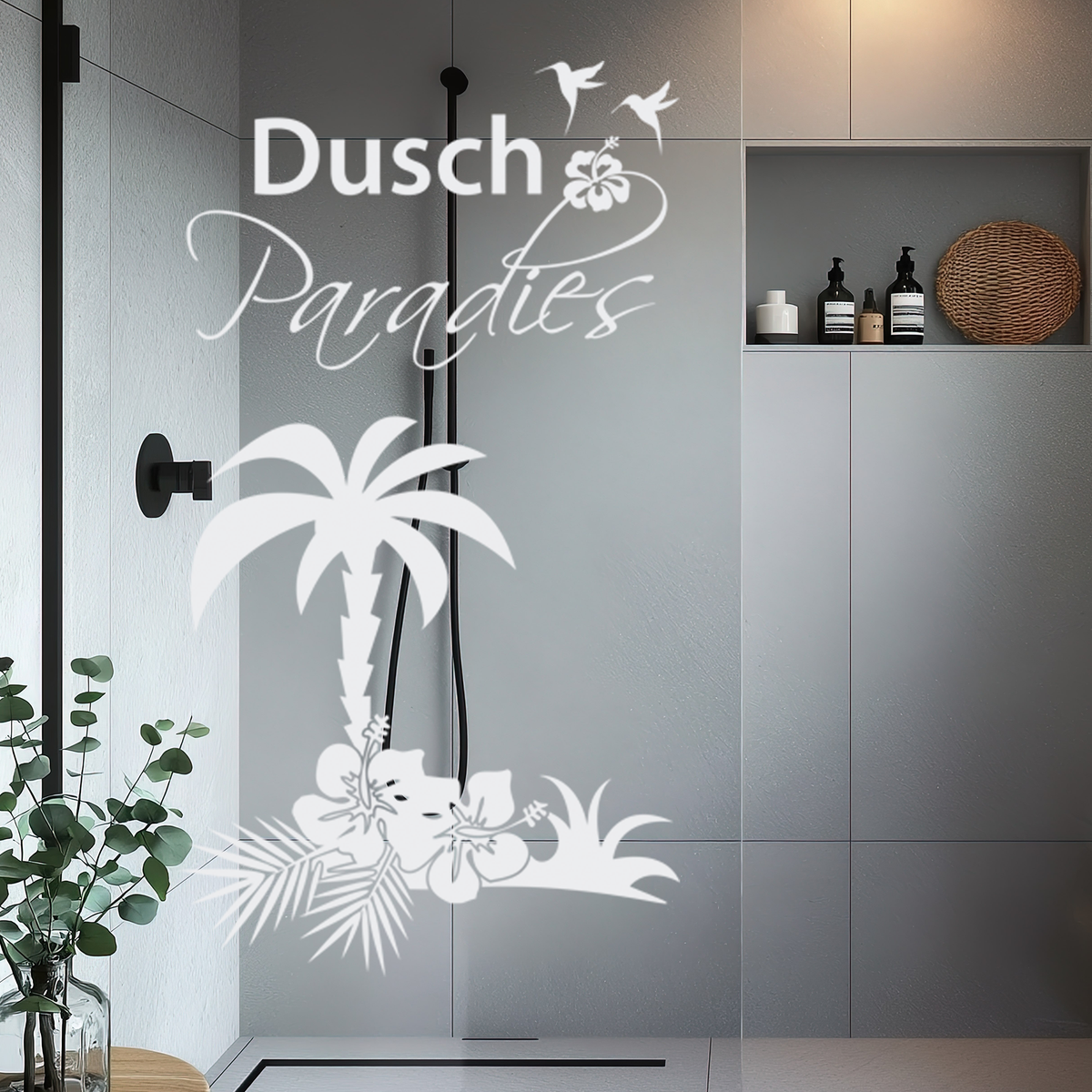 Duschparadies-Logo mit Palmen und Blumenmotiven.