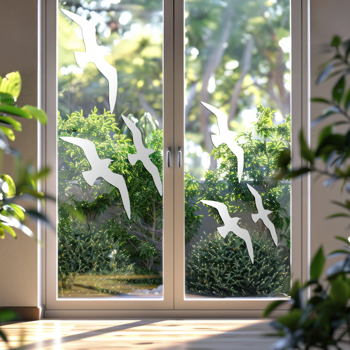Fenster mit weißen Vogel-Silhouetten und grünem Hintergrund.