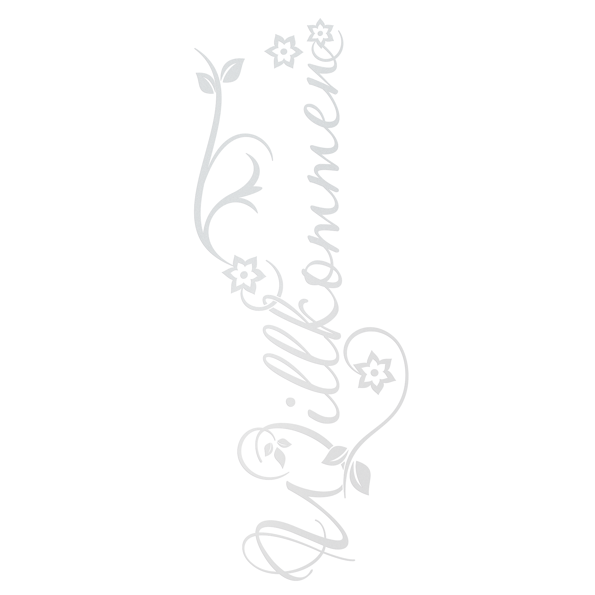 Willkommen Schriftzug mit floralen Motiven in Weiß.