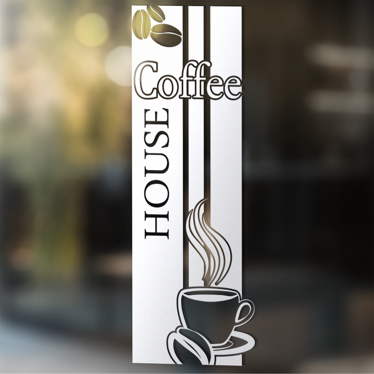 Kaffeetasse mit Dampf, Schriftzug "Coffee House" in Schwarz.