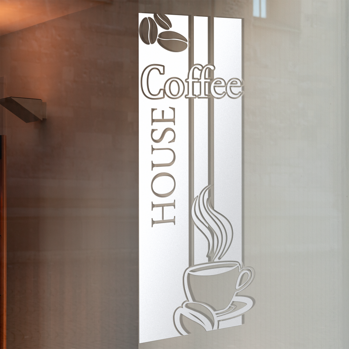 Kaffeetasse mit Dampf, Schriftzug "Coffee HOUSE", silberne Farbe.