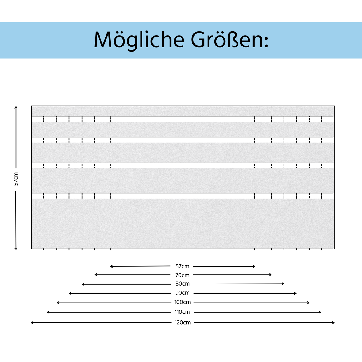 Maßstabsgrafik mit möglichen Größen in cm, grau und blau.