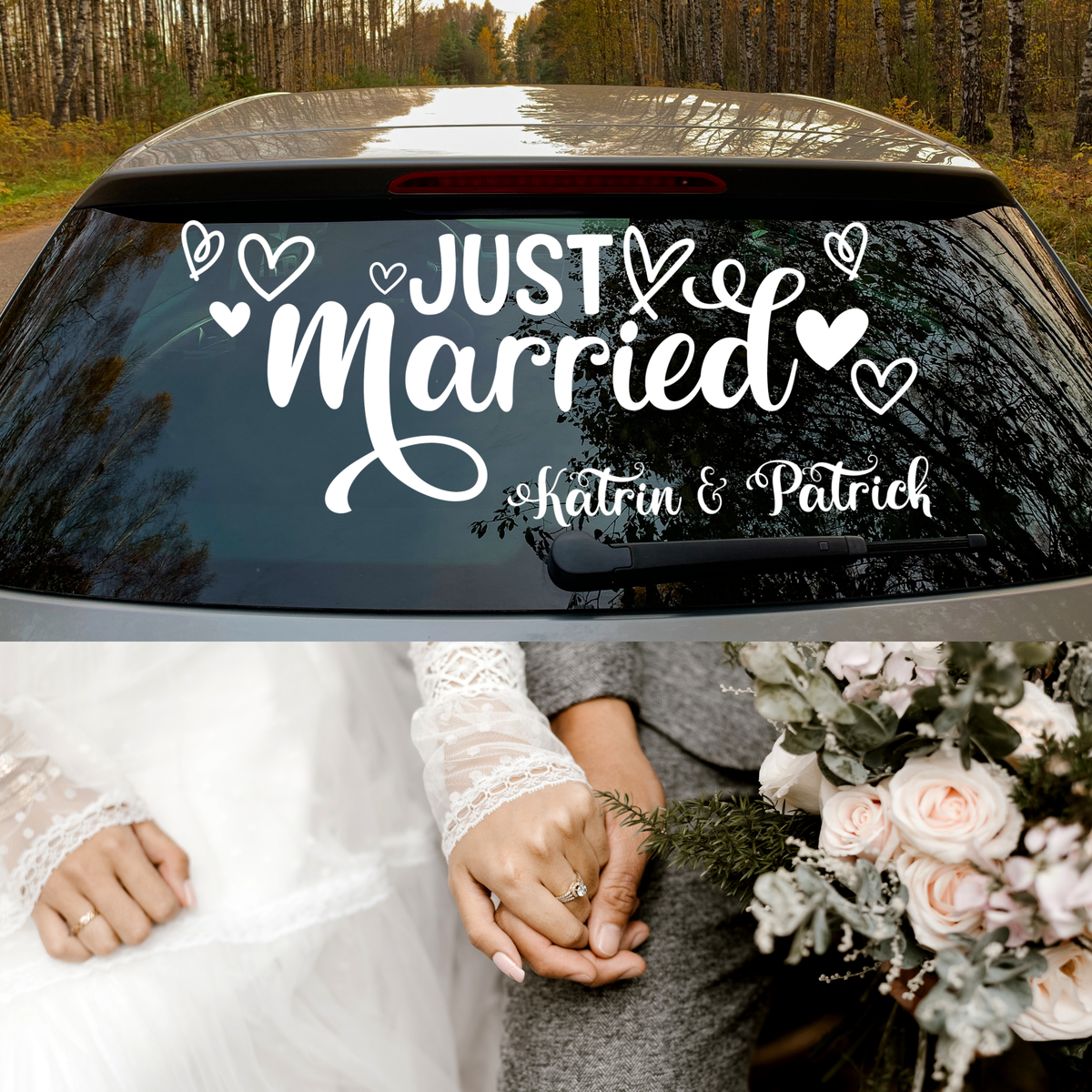 Just Married Aufkleber, weiße Schrift, Hochzeitsdetails, Hände mit Blumen.