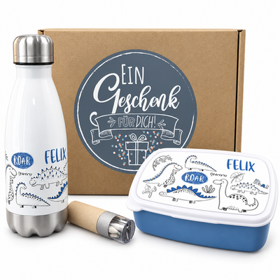 Personalisiertes Geschenkset Dinos mit Brotdose, Trinkflasche und Geschenkbox