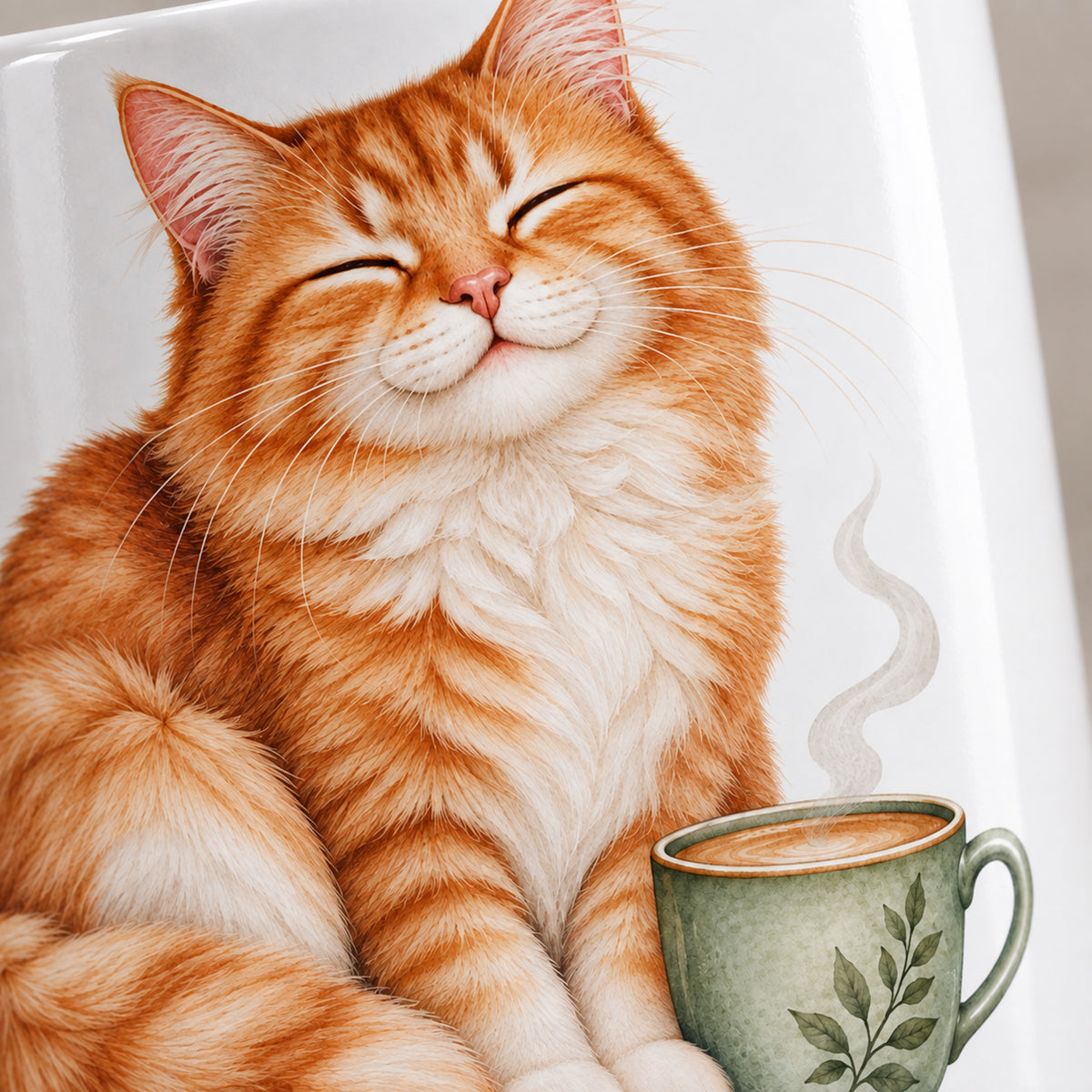 Detail des gemütlichen Katzenmotivs mit Kaffeetasse