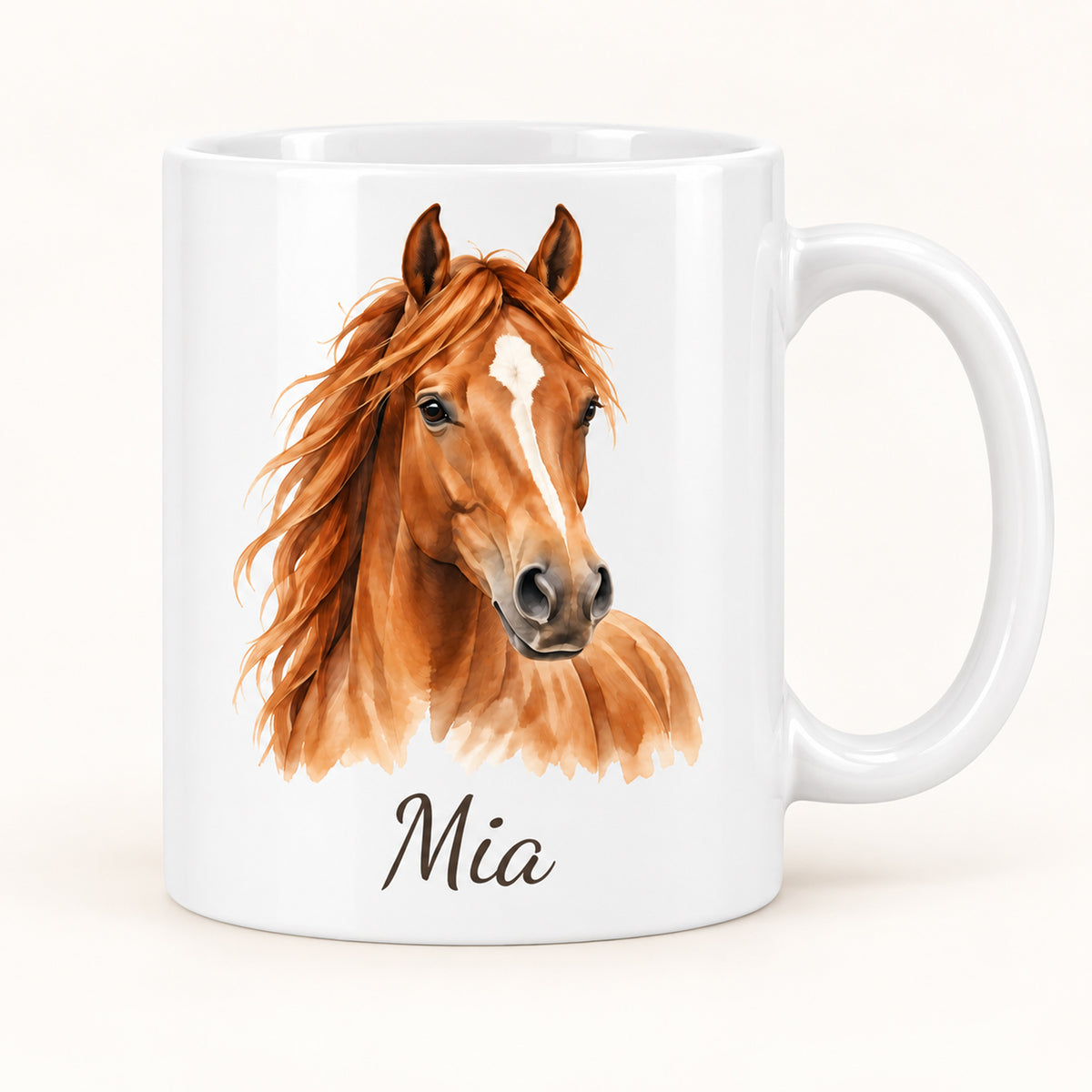 Personalisierte Pferdetasse mit Name – Braunes Pferd – Ansicht 1