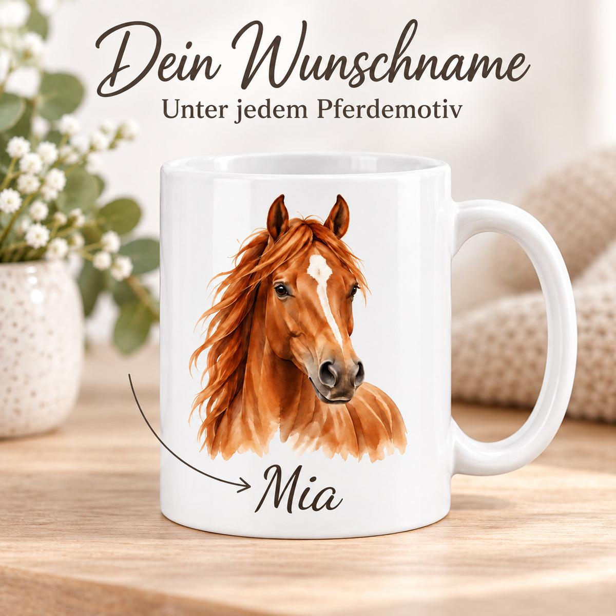 Personalisierte Pferdetasse mit Name – Braunes Pferd – Ansicht 5