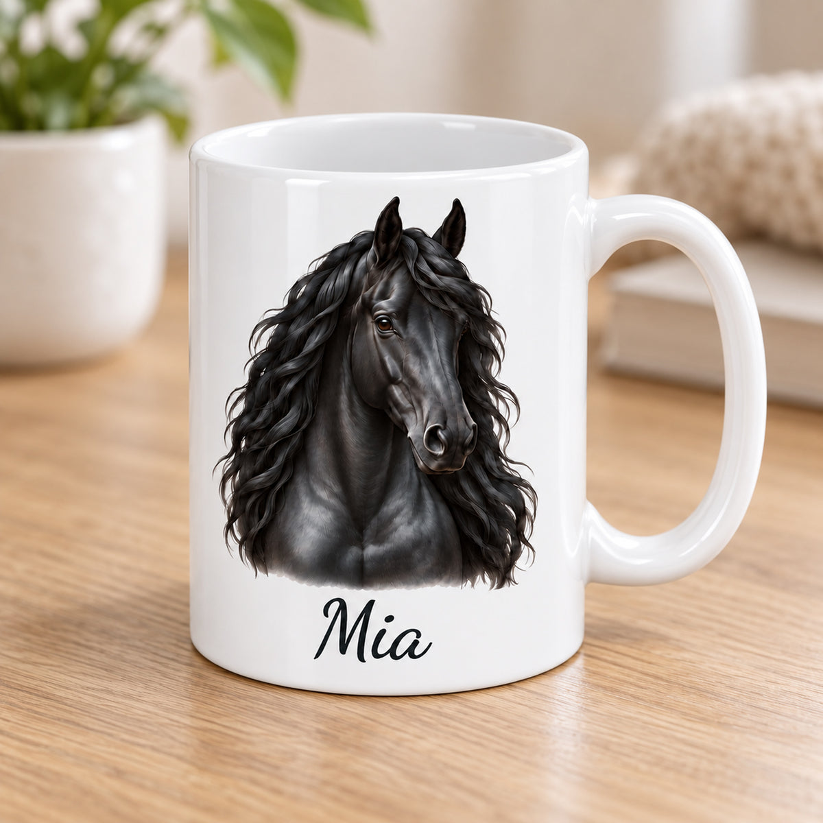 Personalisierte Pferdetasse mit Name – Schwarzer Friese – Ansicht 3