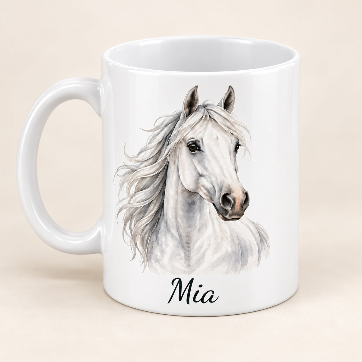 Personalisierte Pferdetasse mit Name – Weißer Schimmel – Ansicht 2
