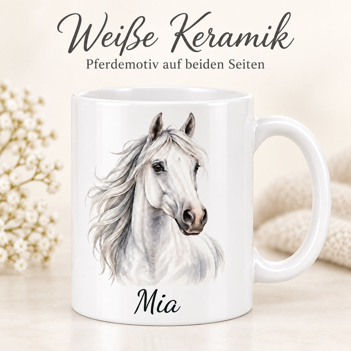 Personalisierte Pferdetasse mit Name – Weißer Schimmel – Ansicht 4