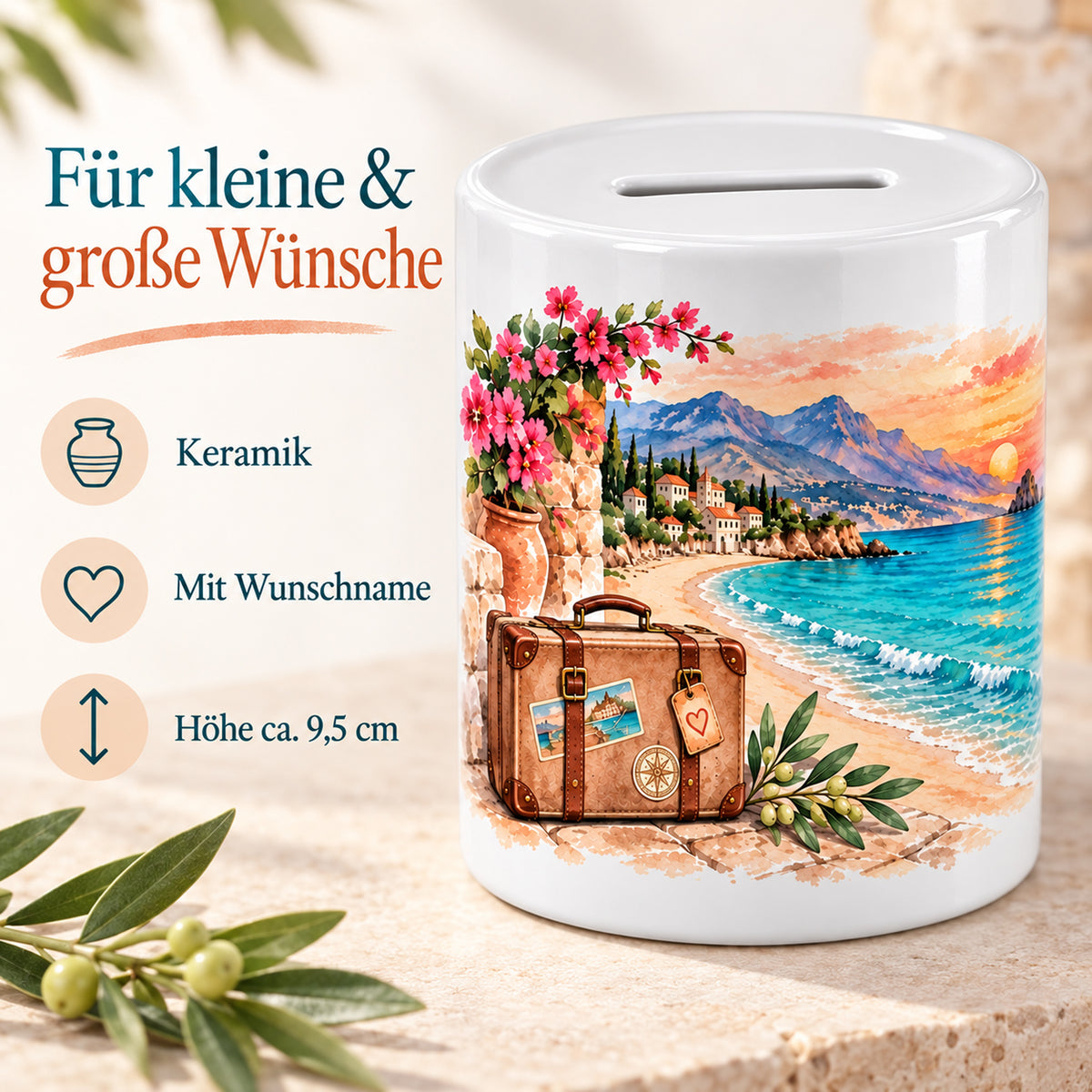 Spardose Urlaub mit Namen – Für mein nächstes Abenteuer – Keramik, Wunschname und Größe