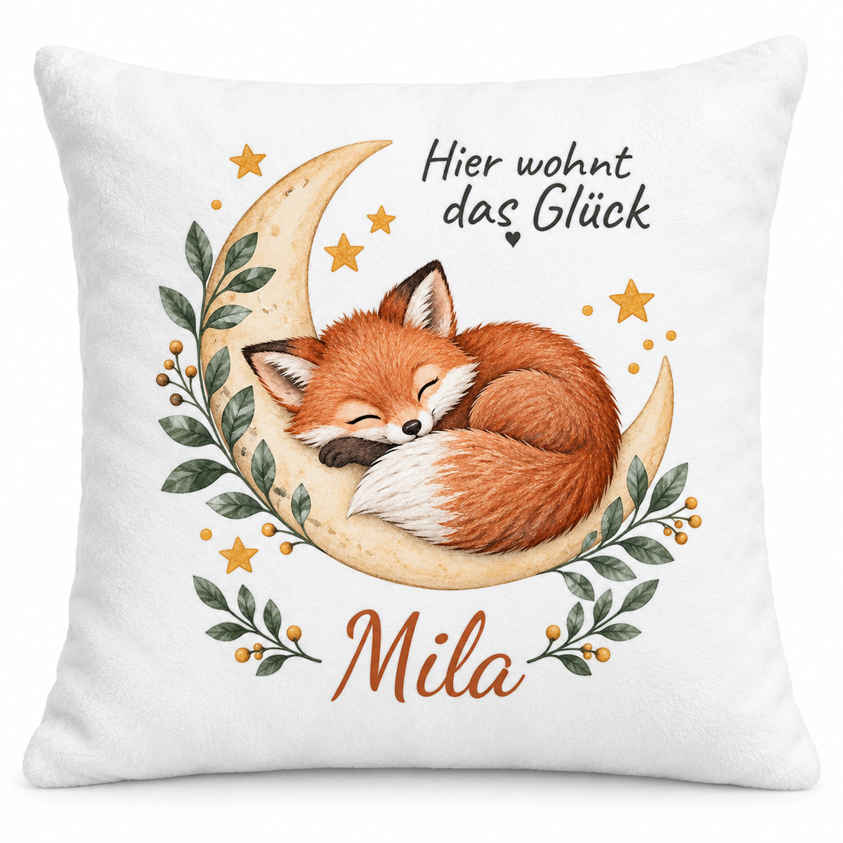 Personalisierter Fuchs-Kissenbezug mit Mond und Beispielname Mila